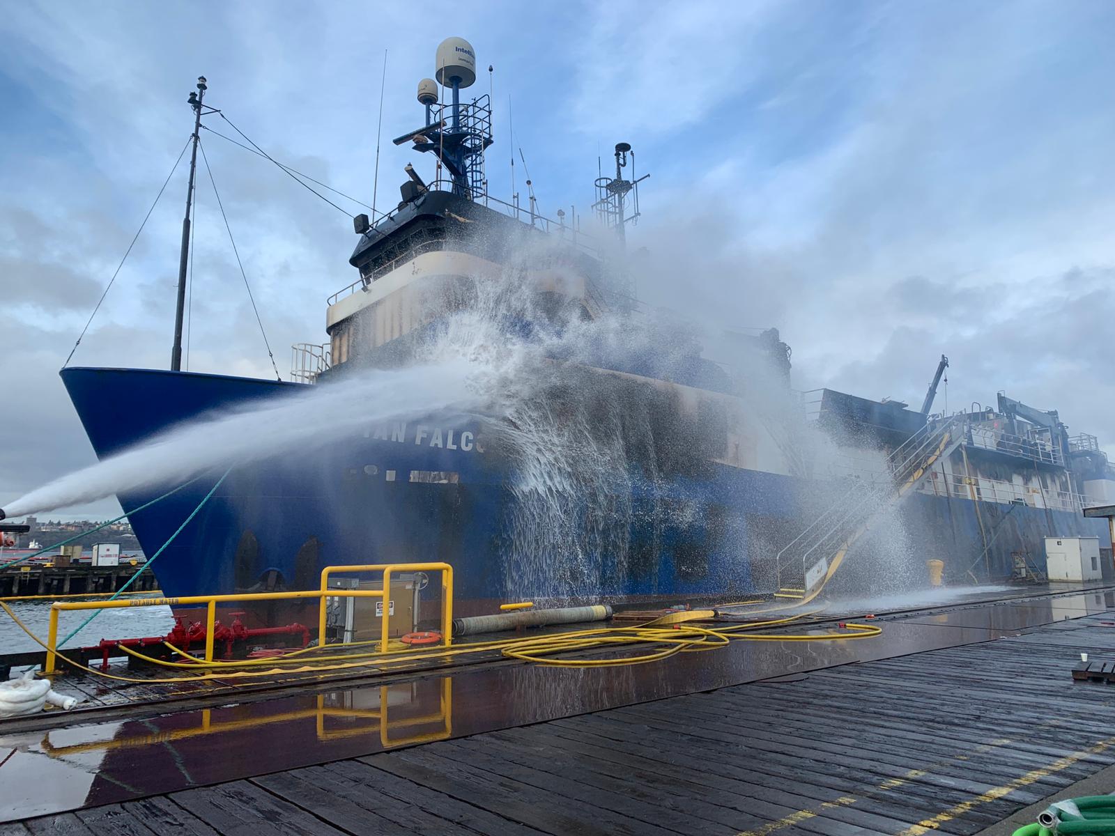 Resolve Marine fire rescue puts out flames on the Aleutian Falcon vessel.